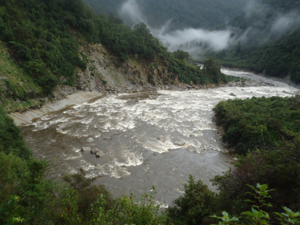 Tannin-colored wide river after rain